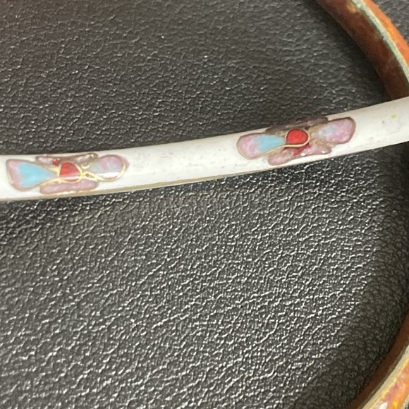 Vintage Cloisonne Floral Bangle Bracelet Set of 2 Enamel White Brown Gold Tone - Picture 10 of 14